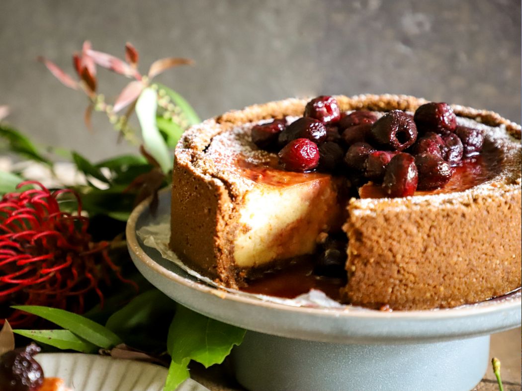 Baked Honey Cheesecake with Poached Cherries