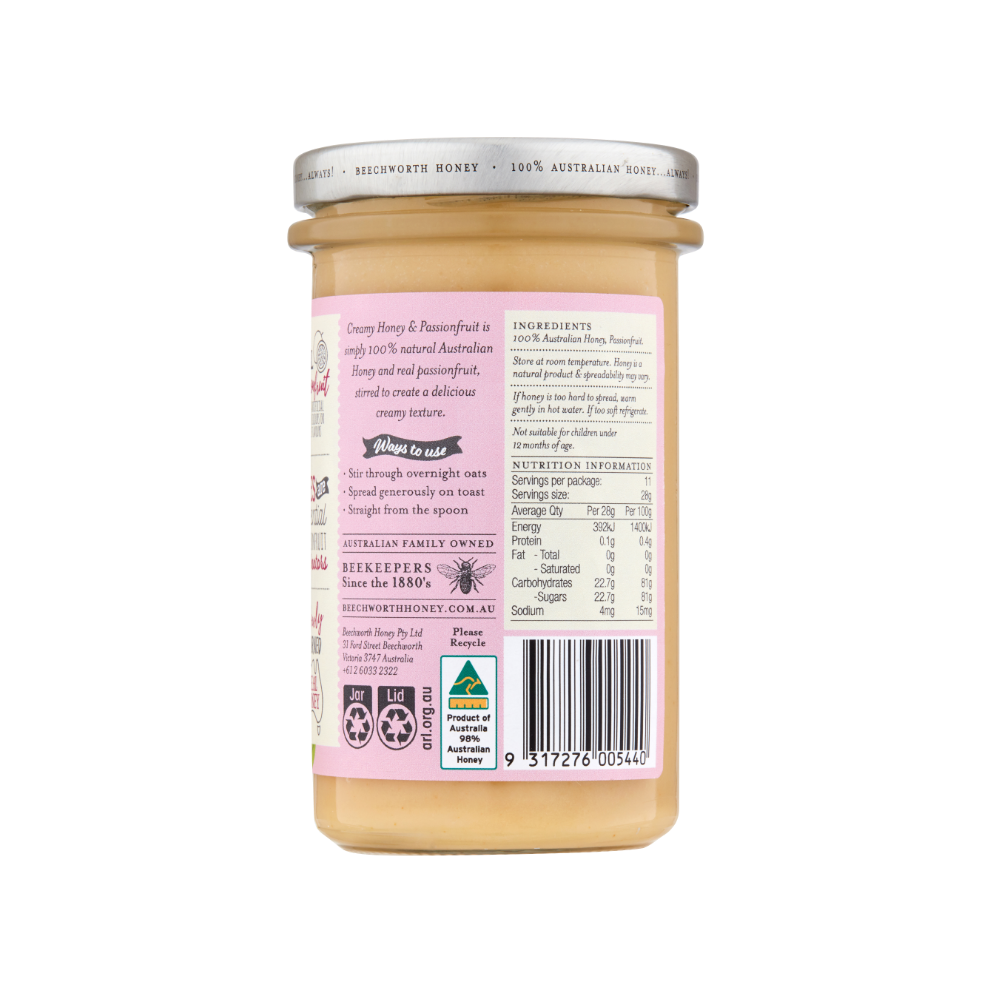 Bee Creamy Honey & Passionfruit Jar Back Label