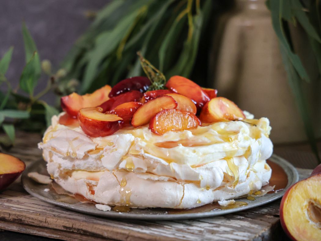 Beechworth Honey Classic Pavlova with Poached Peaches